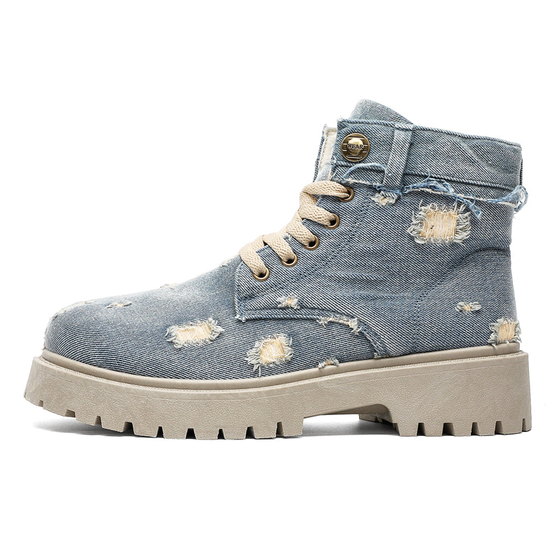 MLB LTHR-14 Distressed Denim Combat Boots in Washed Blue Denim