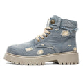 MLB LTHR-14 Distressed Denim Combat Boots in Washed Blue Denim