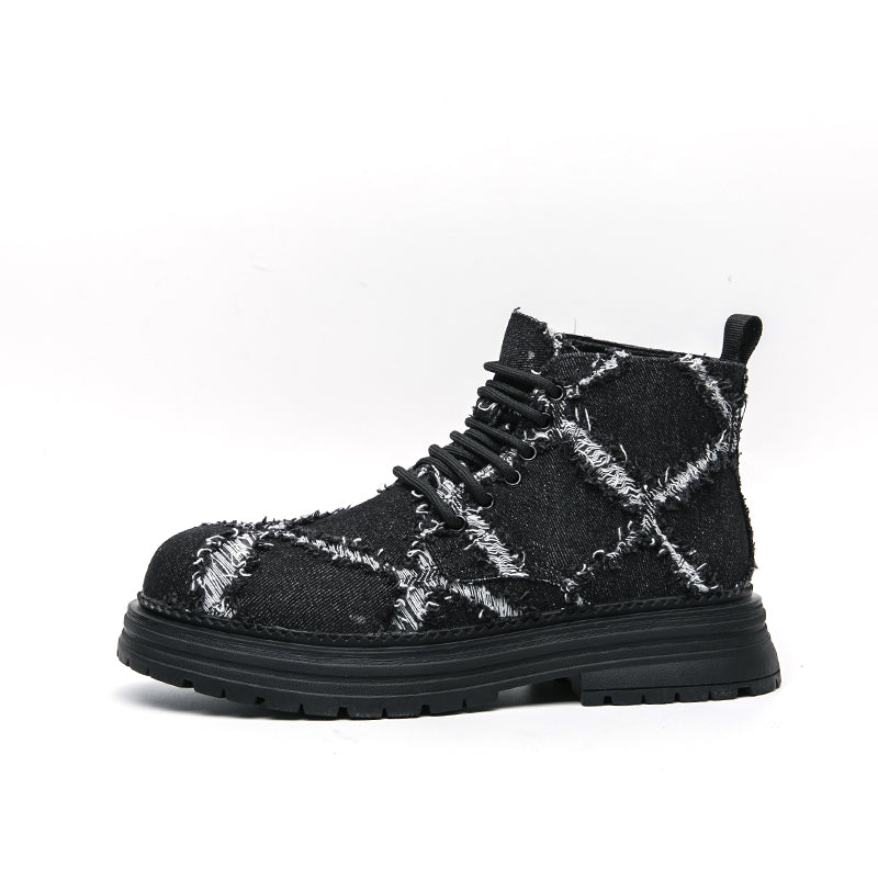 MLB LTHR-05 Textured High-Top Boots in Black Distressed Denim