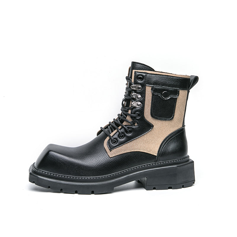 MLB LTHR-08 Square-Toe Combat Boots in Black/Sand Beige