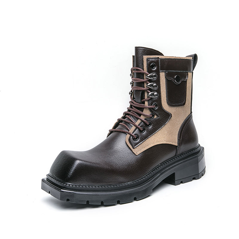 MLB LTHR-08 Square-Toe Combat Boots in Brown/Sand Beige