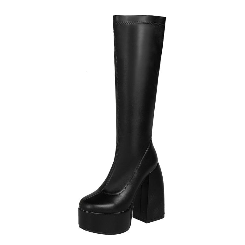 DAENE Knee-High Platform Heel Boots in Black