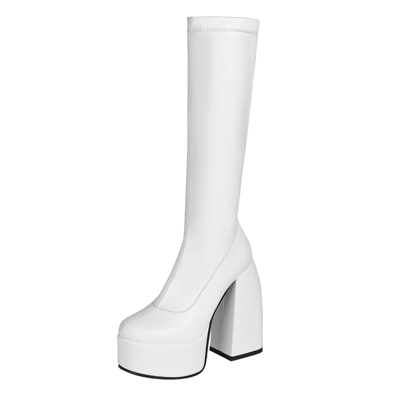 DAENE Knee-High Platform Heel Boots in White