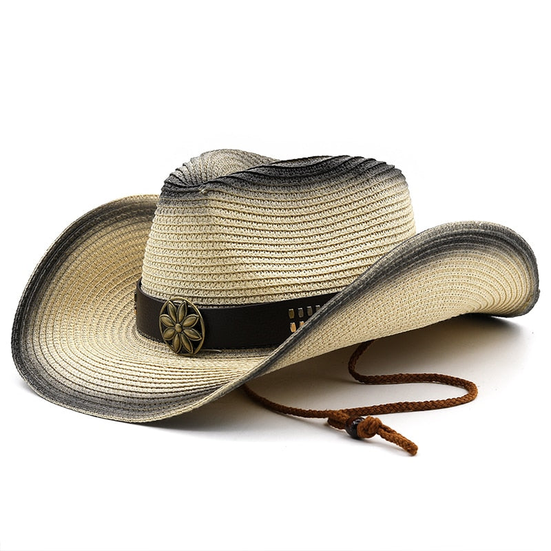 GEZA Men's Straw Cowboy Hat in Beige/Black