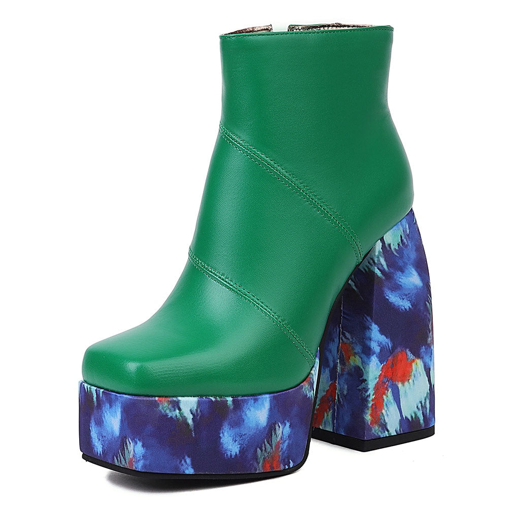LEIA High Heel Platform Ankle Boots in Green