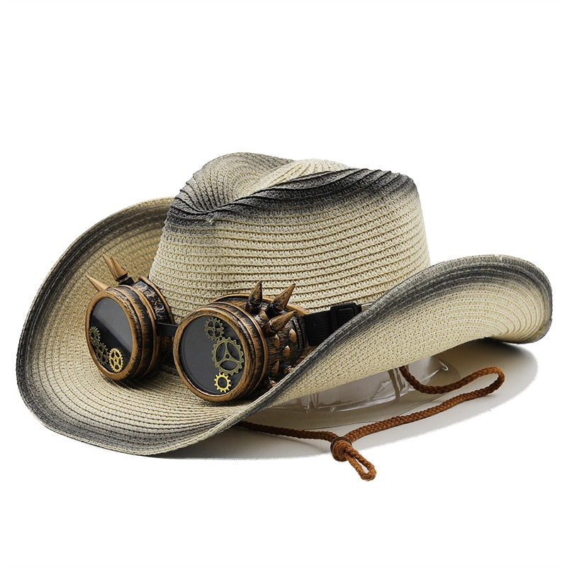 DUNCAN Men's Steampunk Cowboy Hat with Goggles in Beige/Black