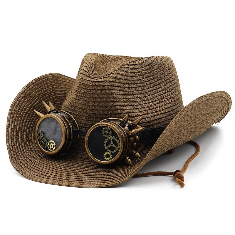 EDGAR Men's Steampunk Cowboy Hat with Goggles in Brown