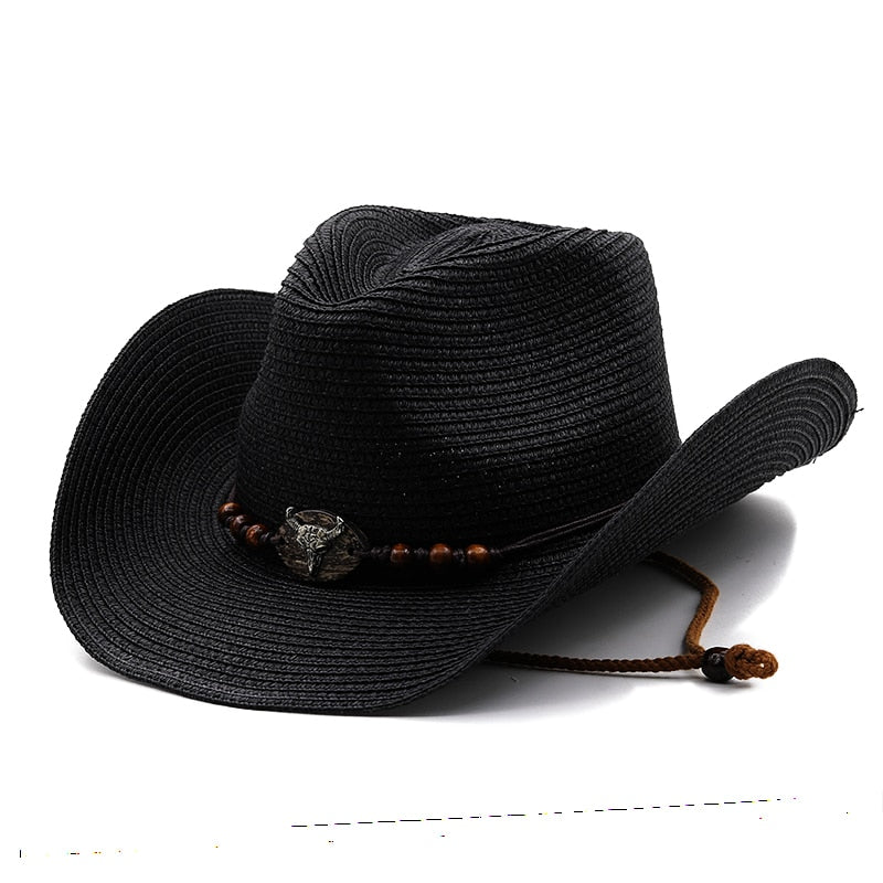 CYAXARES Men's Straw Cowboy Hat in Black