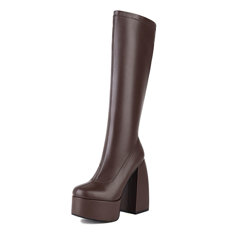 DAENE Knee-High Platform Heel Boots in Brown