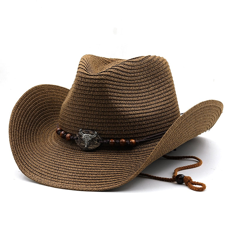 CYAXARES Men's Straw Cowboy Hat in Brown