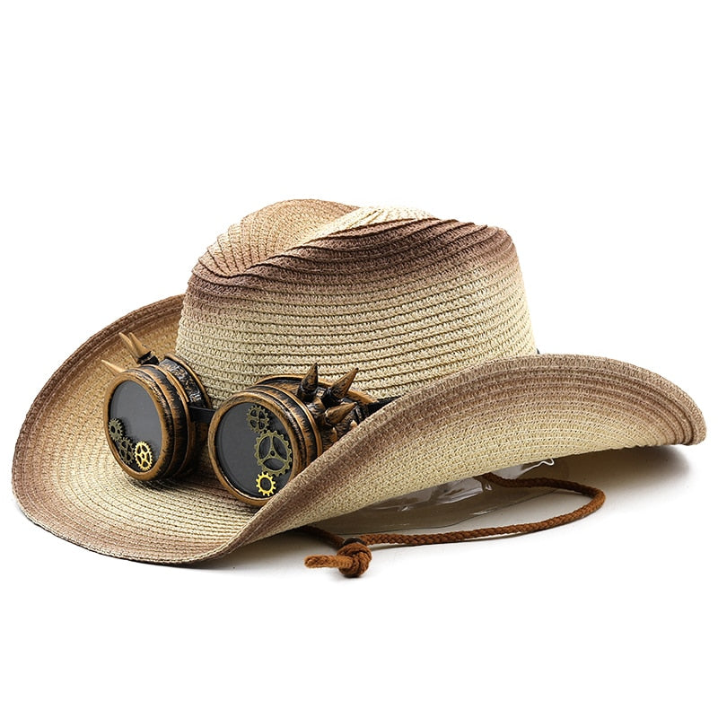 DUNCAN Men's Steampunk Cowboy Hat with Goggles in Beige/Khaki