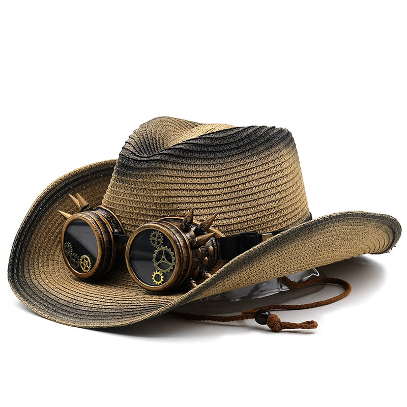 DUNCAN Men's Steampunk Cowboy Hat with Goggles in Khaki/Black