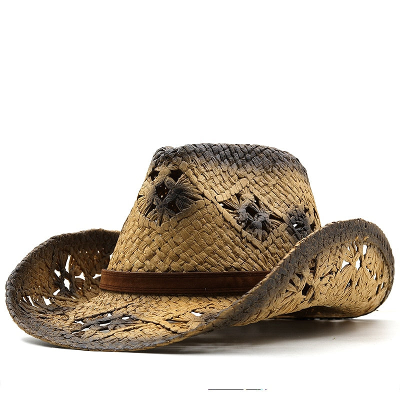 LOTHAIR Men's Straw Cowboy Hat in Khaki/Black
