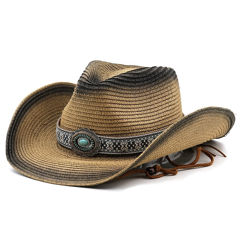 CHARLEMAGNE Men's Straw Cowboy Hat in Khaki/Black