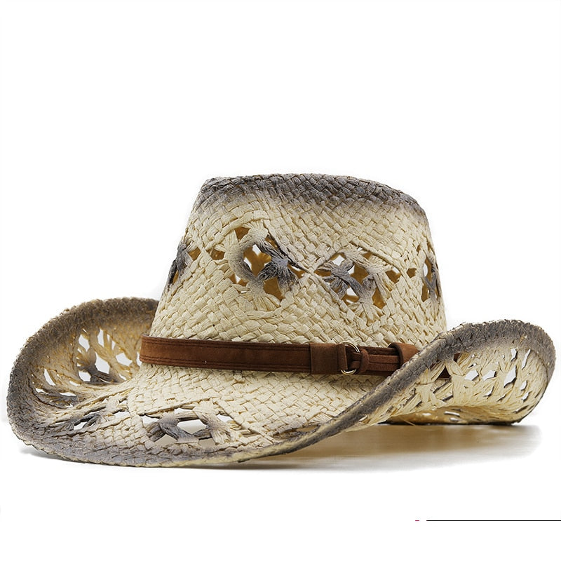 LOTHAIR Men's Straw Cowboy Hat in Beige/Black