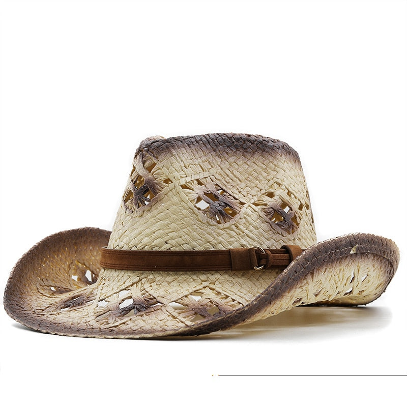 LOTHAIR Men's Straw Cowboy Hat in Beige/Brown