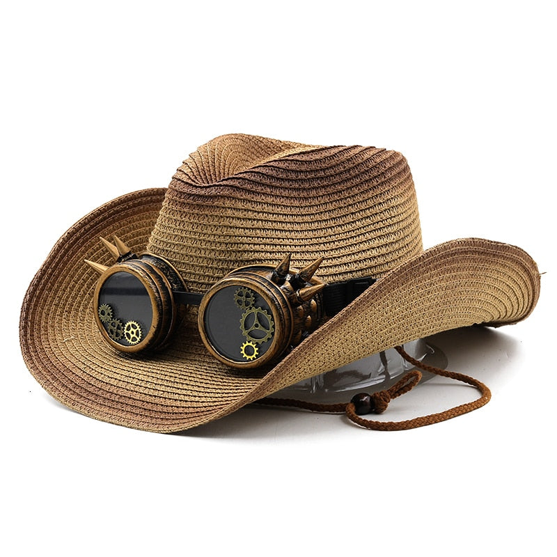 DUNCAN Men's Steampunk Cowboy Hat with Goggles in Khaki/Brown