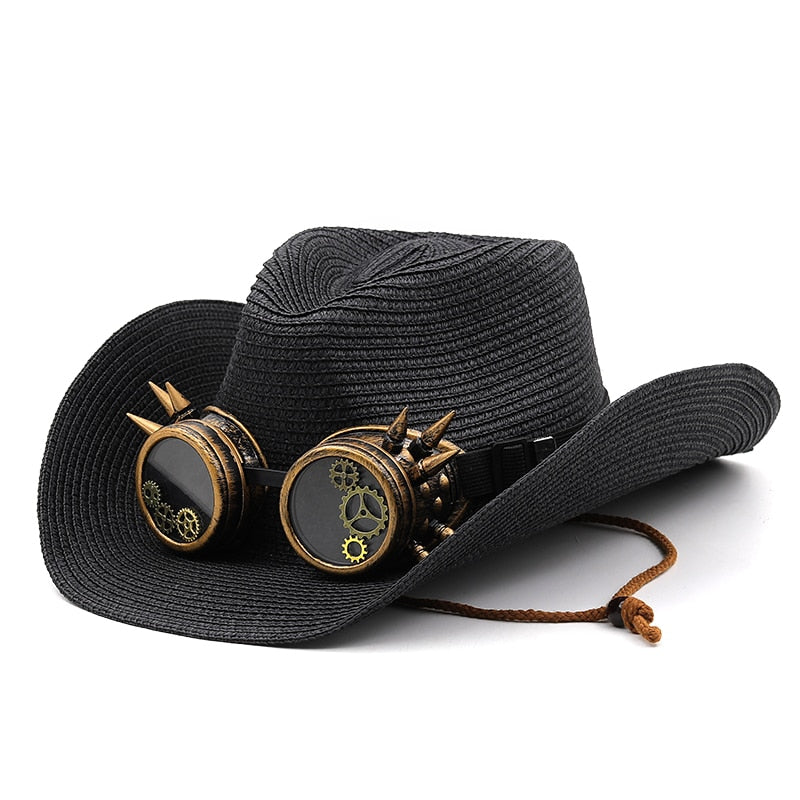 EDGAR Men's Steampunk Cowboy Hat with Goggles in Black