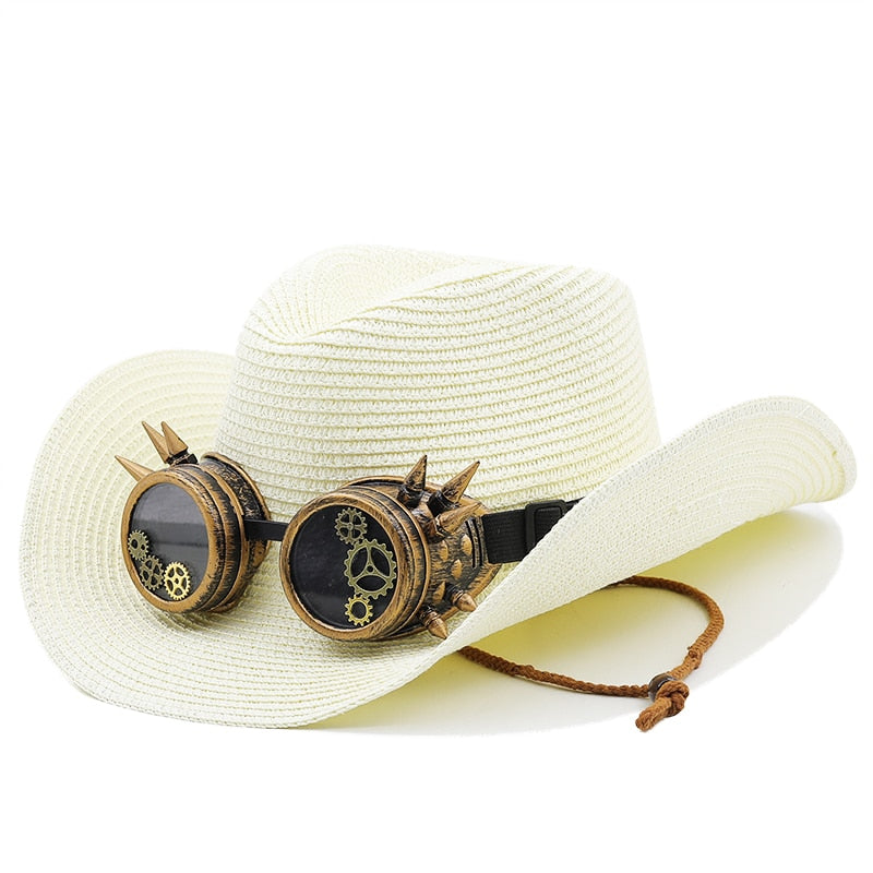 EDGAR Men's Steampunk Cowboy Hat with Goggles in Off-White