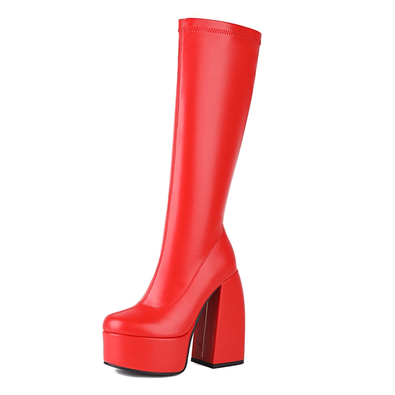 DAENE Knee-High Platform Heel Boots in Red