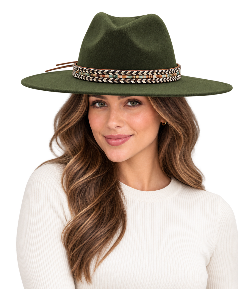 Model wearing the SLOANE Women's Felt Fedora Hat in Army Green