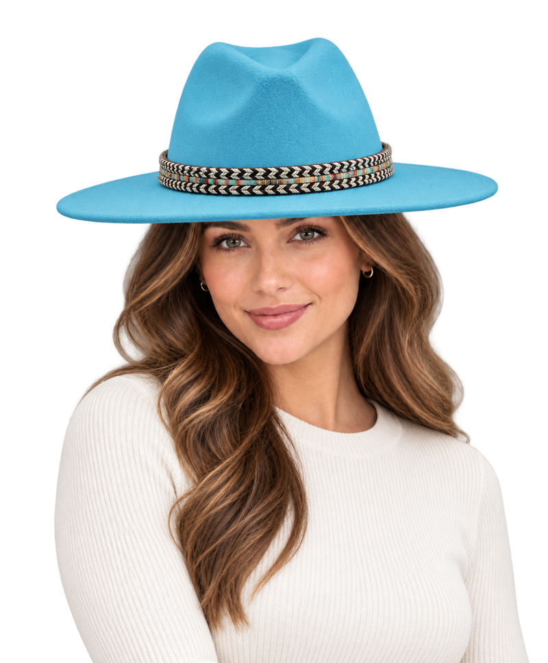 Model wearing the SLOANE Women's Felt Fedora Hat in Lake Blue
