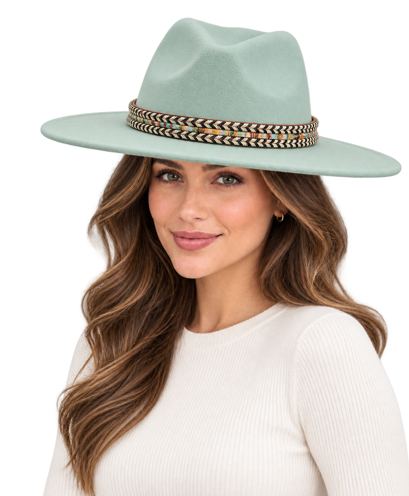 Model wearing the SLOANE Women's Felt Fedora Hat in Mint Green