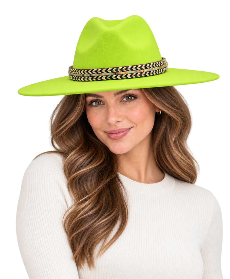 Model wearing the SLOANE Women's Felt Fedora Hat in Neon Green