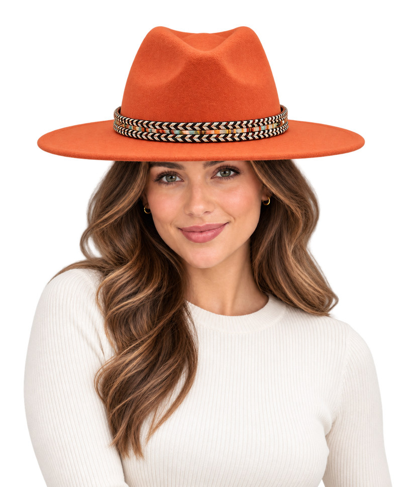Model wearing the SLOANE Women's Felt Fedora Hat in Orange