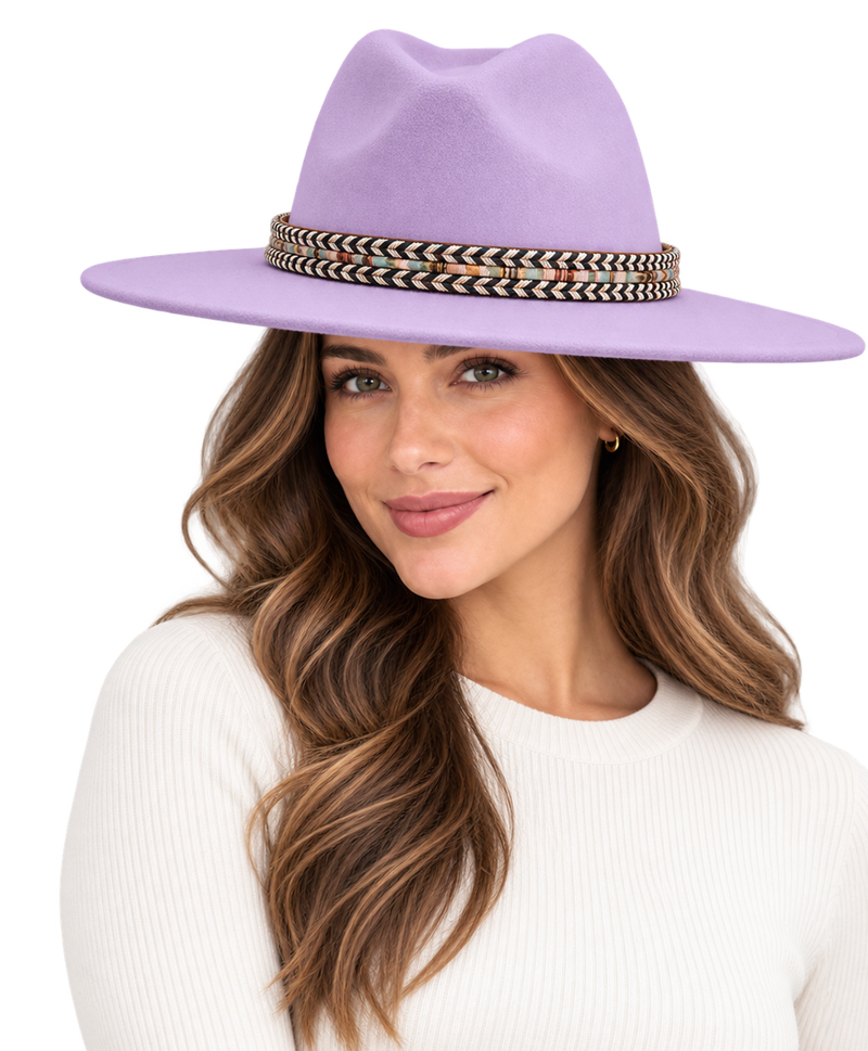 Model wearing the SLOANE Women's Felt Fedora Hat in Taro Purple