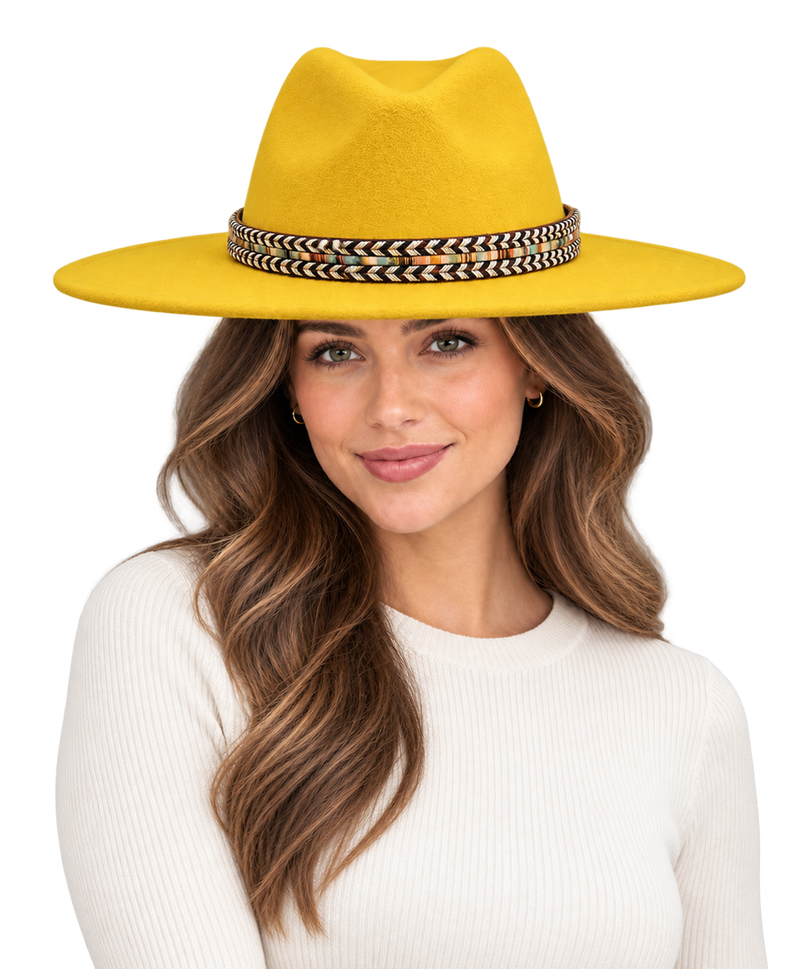 Model wearing the SLOANE Women's Felt Fedora Hat in Yellow