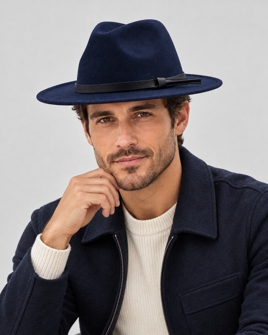 ARTHUR men's felt fedora hat in Navy, worn by a man