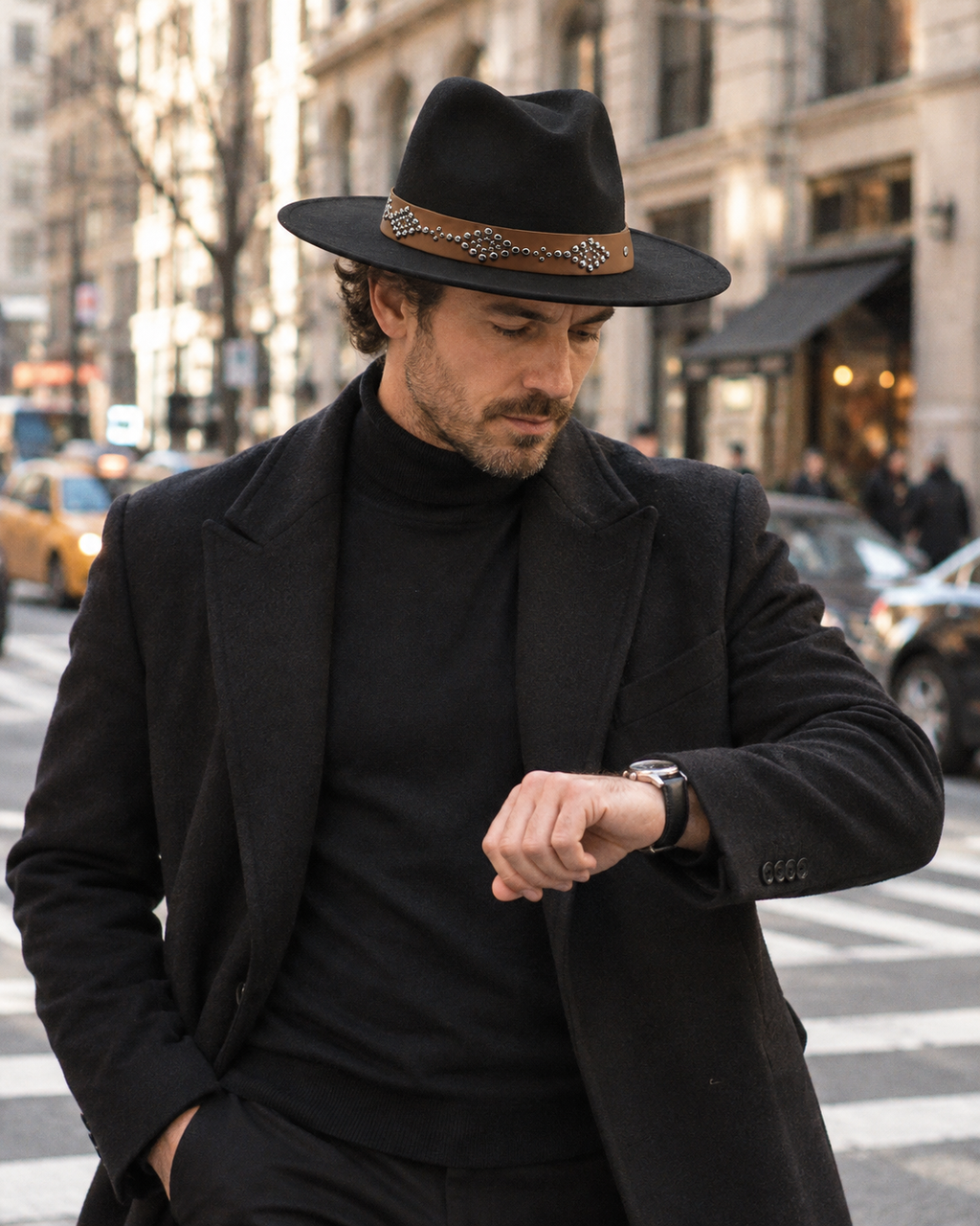 RICHARD men's wide-brim felt fedora with a studded leather band in Black, worn by a man checking his watch on a city street