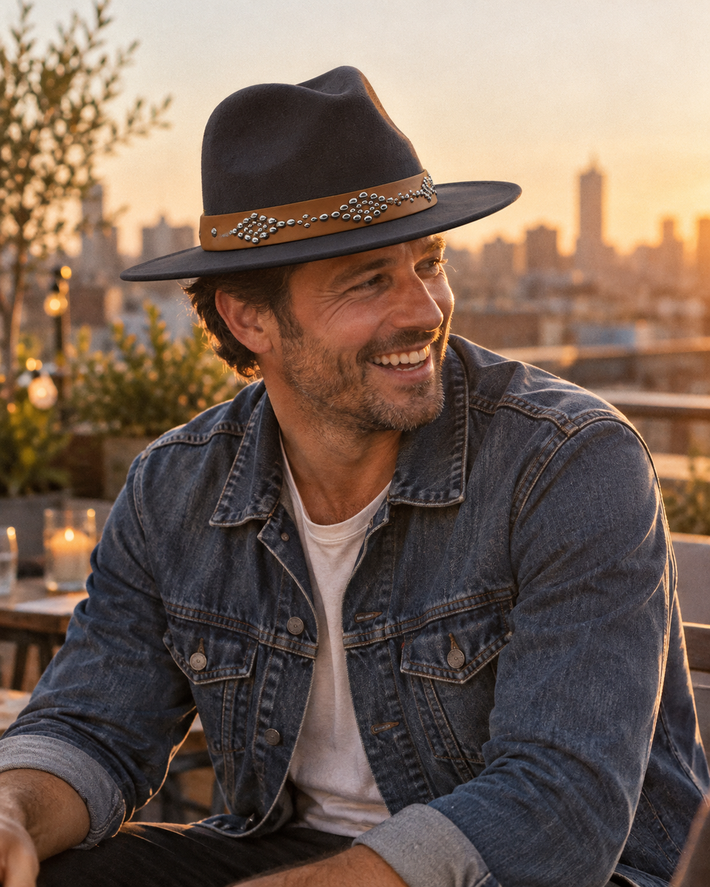 RICHARD men's wide-brim felt fedora with a studded leather band in Deep Gray, worn by a man laughing on a rooftop at golden hour