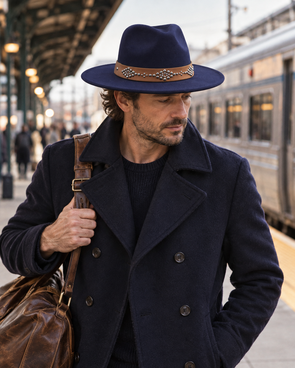 RICHARD men's wide-brim felt fedora with a studded leather band in Navy, worn by a man with a weekend bag on a train platform