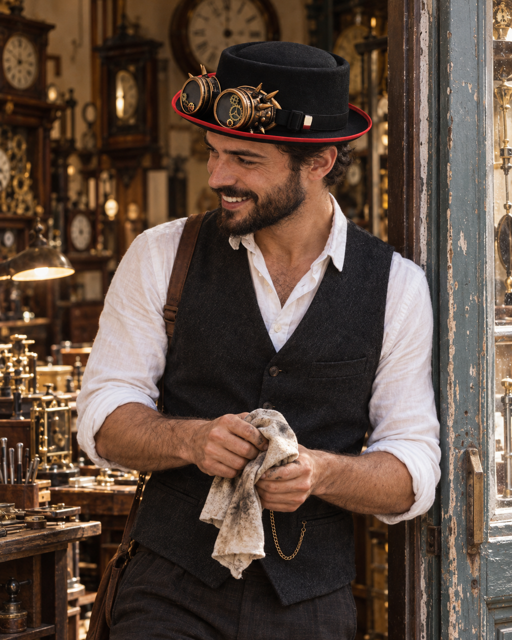 ROBERT men's steampunk pork pie hat with brass goggles, worn by a smiling man in a clockmaker's workshop doorway