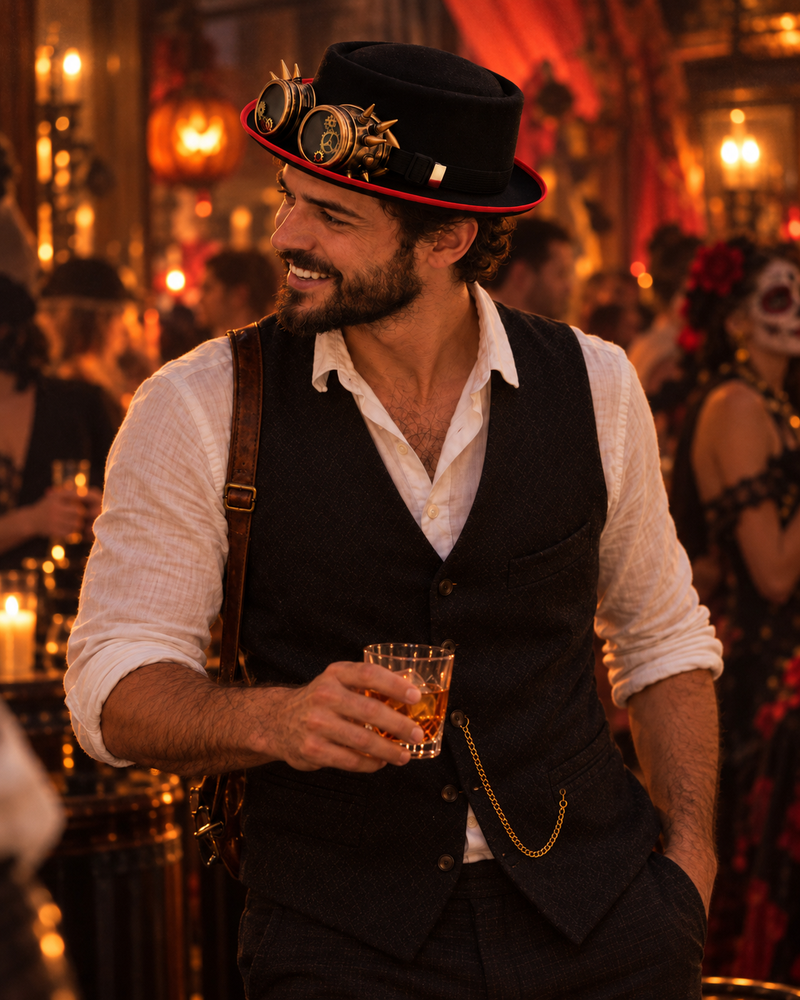 A man in the ROBERT steampunk pork pie hat laughing at a Halloween party