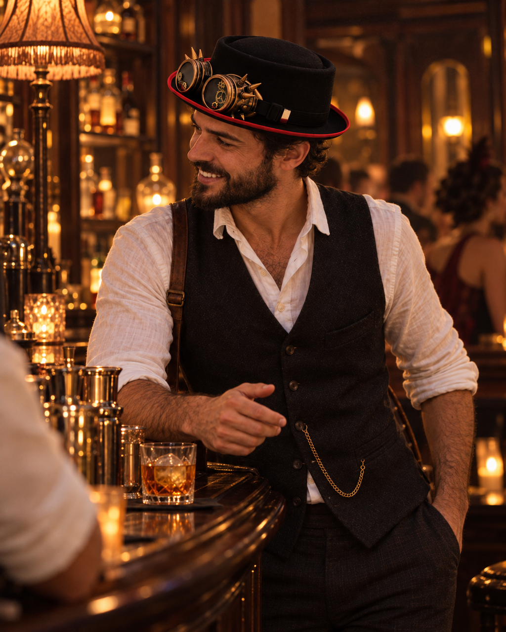 ROBERT men's steampunk pork pie hat with brass goggles, worn by a man at a speakeasy bar