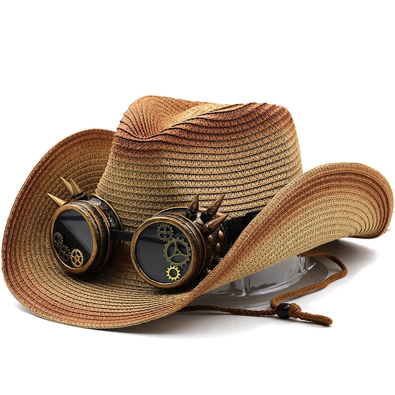 DUNCAN Men's Steampunk Cowboy Hat with Goggles in Khaki/Caramel