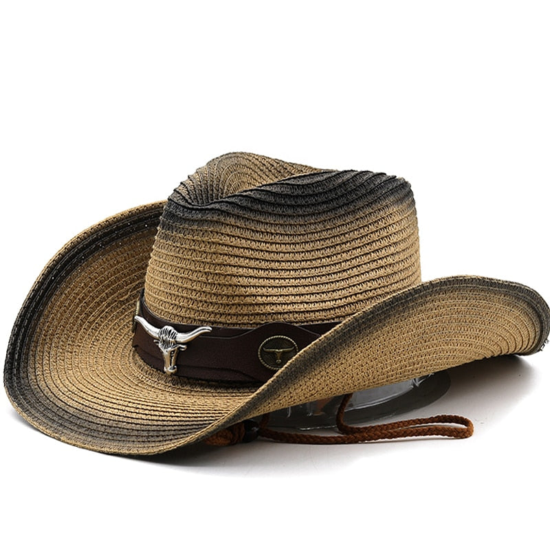 SEBASTIAN Men's Straw Cowboy Hat in Khaki/Black