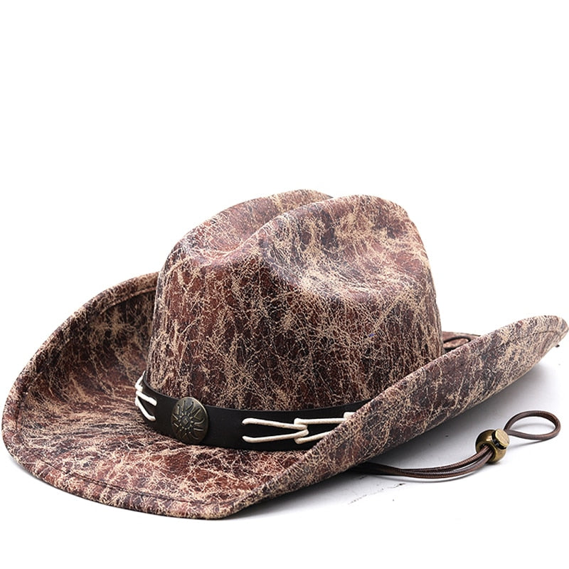 CARLOMAN Men's Leather Cowboy Hat in Brown